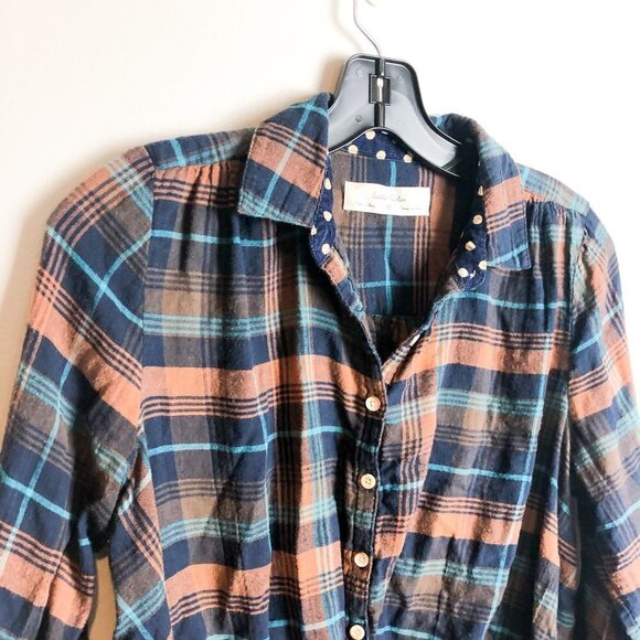 Anthropologie Isabella Sinclair Plaid Twisted Button Down Blue Orange XS Womens - Picture 7 of 14